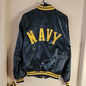 Retro 80's Satin Navy Jacket with Yellow Trim - Size M